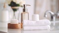 A Clean and Tidy Arrangement of Soap Dispenser and Towels on a Pristine White Table. Generative AI Royalty Free Stock Photo