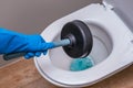 A clean toilet with cleaning agent and a gloved hand with a plunger. The concept of the home cleaning Royalty Free Stock Photo