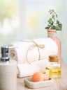 Clean towels and soap.Hotel bathroom items Royalty Free Stock Photo