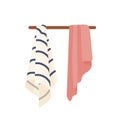 Clean towels vector illustrations. Dry soft towels hanging on hanger. Domestic hygiene accessories, bath, shower