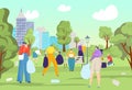 Clean up park from garbage, vector illustration. City environment ecology, volunteer community work with flat trash at