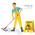 Clean up service concept. A man worker of cleaning service is holding a mop with caution wet floor sign. Vector illustration Royalty Free Stock Photo