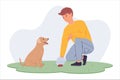 Clean Up After Your Pet Concept. Vector flat illustration of a young Man Walking a Dog on the Grass. A person cleaning excrement Royalty Free Stock Photo