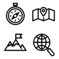 Creative explore concept icons highlighting travel elements, search tools, maps, compasses Royalty Free Stock Photo