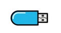 Simple minimalistic vector illustration of a blue USB flash drive with black outline and retro floppy disk icon for technology Royalty Free Stock Photo