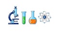 Science Icons: Microscope, Test Tubes, Flask, and Atom Model Royalty Free Stock Photo