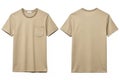 Showcasing a stylish tan t-shirt with a chest pocket front and back view, perfect for fashion mockups. Royalty Free Stock Photo