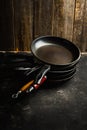 Clean vintage frying pans on the rustic background