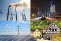 Clean vs dirty energy. Solar panels and wind turbines against fuel coal power plant. Sustainable development and renewable Royalty Free Stock Photo