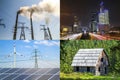 Clean vs dirty energy. Solar panels and wind turbines against fuel coal power plant. Sustainable development and renewable Royalty Free Stock Photo