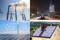 Clean vs dirty energy. Solar panels and wind turbines against fuel coal power plant. Sustainable development and renewable Royalty Free Stock Photo