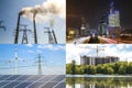 Clean vs dirty energy. Solar panels and wind turbines against fuel coal power plant. Sustainable development and renewable Royalty Free Stock Photo