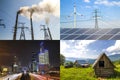 Clean vs dirty energy. Solar panels and wind turbines against fuel coal power plant. Sustainable development and renewable Royalty Free Stock Photo