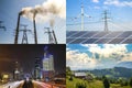 Clean vs dirty energy. Solar panels and wind turbines against fuel coal power plant. Sustainable development and renewable Royalty Free Stock Photo