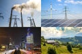 Clean vs dirty energy. Solar panels and wind turbines against fuel coal power plant. Sustainable development and renewable Royalty Free Stock Photo