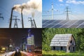 Clean vs dirty energy. Solar panels and wind turbines against fuel coal power plant. Sustainable development and renewable Royalty Free Stock Photo