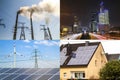 Clean vs dirty energy. Solar panels and wind turbines against fuel coal power plant. Sustainable development and renewable Royalty Free Stock Photo