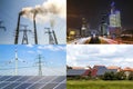 Clean vs dirty energy. Solar panels and wind turbines against fuel coal power plant. Sustainable development and renewable