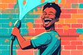 clean a wall with a pressure jet garden hose water smiling man cleaning house