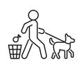 Clean waste in trash after dog, line icon. Pet owner throws bag with poop in trash bin, sign. Vector