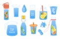 Clean water. Doodle glass and bottle with aqua or lemonade. Recycled plastic containers. Drops and splashes. Soft or Royalty Free Stock Photo