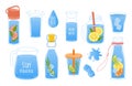 Clean water. Doodle glass and bottle with aqua or lemonade. Recycled plastic containers. Drops and splashes. Soft or carbonated Royalty Free Stock Photo