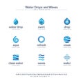 Clean water drops and waves creative symbols set, font concept. Fresh swirl blue color abstract business logo. Ocean