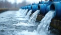 Clean water flows from blue pipes in treatment facility into waterway. Purification process with modern tech, infrastructure. Royalty Free Stock Photo
