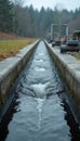 Clean water flows through concrete channels at water treatment plant. Infrastructure systems filter, clean water for Royalty Free Stock Photo