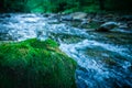 Clean water in a glass on the stone with moss in river backgroun