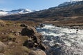Clean water of mountain river on a stony rocky mountain landscape of Iceland