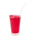Clean water red nectar in a glass with ice white drinking straw isolated on white background. Royalty Free Stock Photo