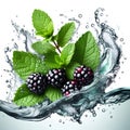 Clean water splash with mint leaves, blackberries and splatters in water wave isolated on white background Royalty Free Stock Photo