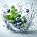 Clean water splash with mint leaves, blueberries and splatters in water wave isolated on white background Royalty Free Stock Photo