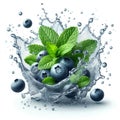 Clean water splash with mint leaves, blueberries and splatters in water wave isolated on white background Royalty Free Stock Photo