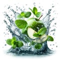 Clean water splash with mint leaves, green apple slices and splatters in water wave isolated on white background Royalty Free Stock Photo