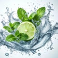 Clean water splash with mint leaves and lime slice and splatters in water wave isolated on white background Royalty Free Stock Photo