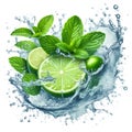 Clean water splash with mint leaves and lime slice and splatters in water wave isolated on white background Royalty Free Stock Photo