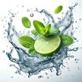 Clean water splash with mint leaves and lime slice and splatters in water wave isolated on white background Royalty Free Stock Photo