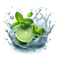 Clean water splash with mint leaves and lime slice and splatters in water wave isolated on white background Royalty Free Stock Photo