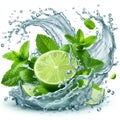 Clean water splash with mint leaves and lime slice and splatters in water wave isolated on white background Royalty Free Stock Photo