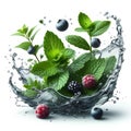 Clean water splash with mint leaves, wildberries and splatters in water wave isolated on white background Royalty Free Stock Photo