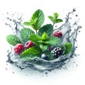 Clean water splash with mint leaves, wildberries and splatters in water wave isolated on white background