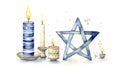 Clean Watercolor Hanukkah Greeting Illustration on White Background .