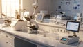 Modern Science Laboratory with Microscopes and Digital Displays Royalty Free Stock Photo