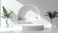 Clean White Arched Display Stage with Lush Green Plants and Sunlight podium product Royalty Free Stock Photo
