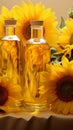 A clean white canvas highlights the elegance of sunflower oil bottles