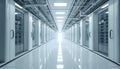Clean white datacenter corridor with rows of server racks, visible through glass doors. Overhead pipes, lighting create modern, Royalty Free Stock Photo