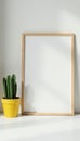 Clean white desk, cactus, picture frame for mockup, stylish, top
