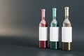 Clean white label wine bottles on background. Alcohol, winery, beverage and elegance concept. Mock up, 3D Rendering